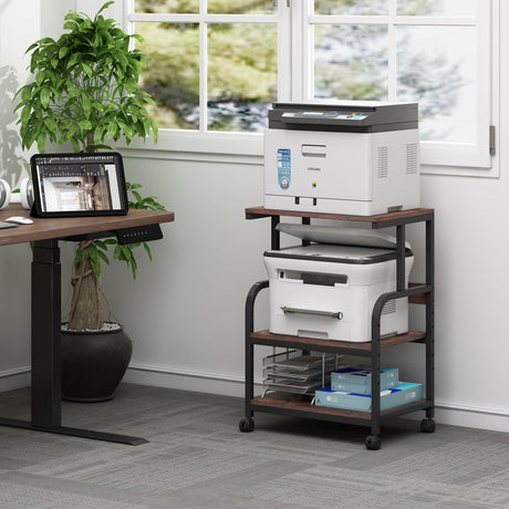 Fannova Printer Table Stand with Height Adjustable Shelf, 3 Tier Rolling Printer Cart with Wheels for Home Office Storage and Organization, Industrial Style Fannova