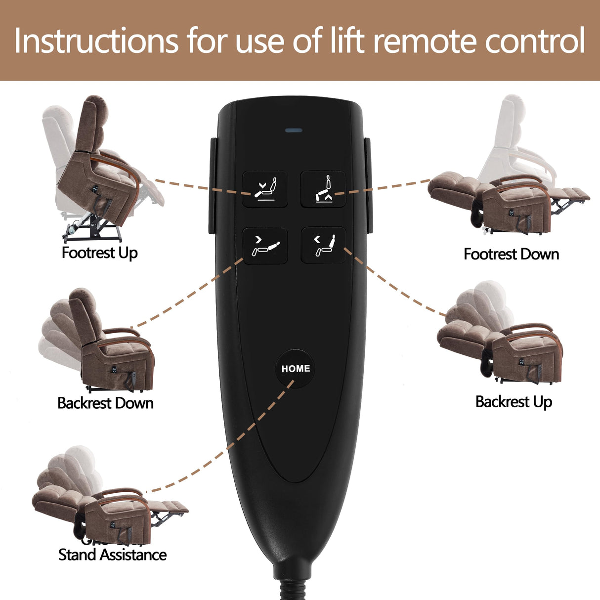 Power Lift Recliner Chair for Elderly People, Dual Motor Lift Chair with Vibration Massage and Heat, Lay Flat Recliner with Solid Wood Armrest, Standing Assistance Reclining, Chenille Fabric Brown EZZUP