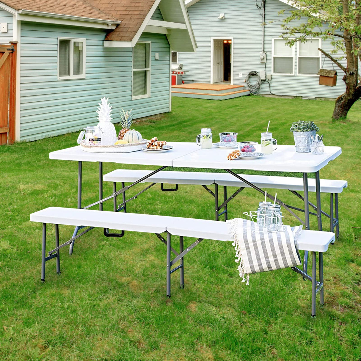 Byliable Folding Table 6ft Portable Heavy Duty Plastic Fold-in-Half Utility Foldable Table Plastic Dining Table Indoor Outdoor for Camping, Picnic and Party, White Byliable