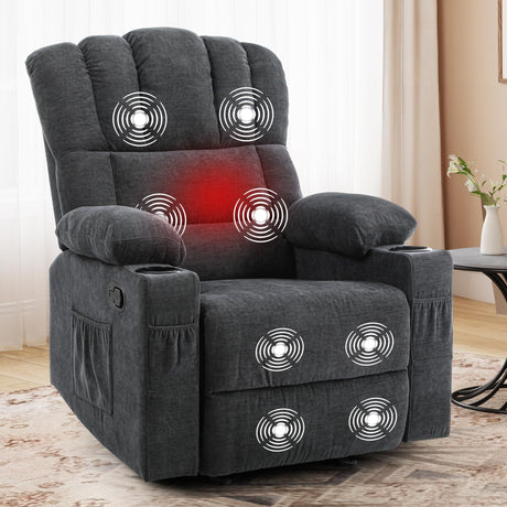 DWVO Manual Recliner Chair with Massage and Heat, Fabric Recliner Chair with Overstuffed Armrest, Rocking Recliner with 2 Cup Holders, USB Charge Port and Side Pocket for Living Room, Grey DWVO