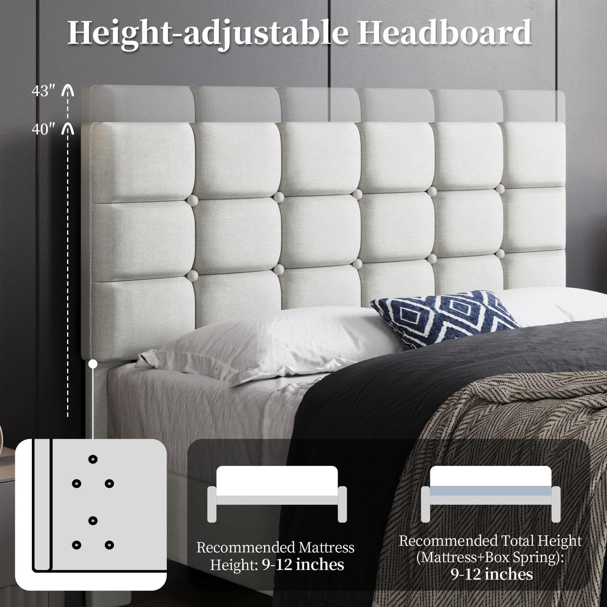 Yaheetech Upholstered Bed Frame, Modern Full Bed Platform with Square Stitched&Button Tufting Headboard Height Adjustable, Wooden Slats Support, No Box Spring Needed, Full Size, Beige Yaheetech