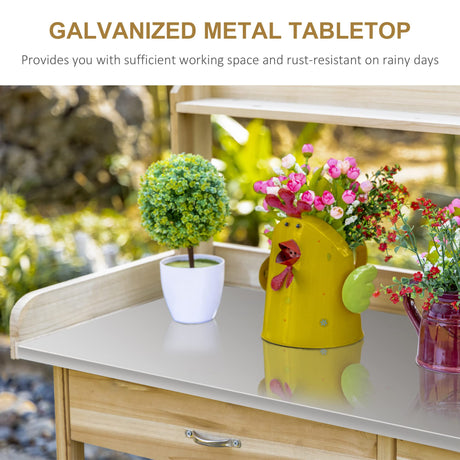 Outsunny Outdoor Potting Bench Table, Garden Work Station with Storage Cabinet, Open Shelf and Steel Tabletop, Natural Outsunny