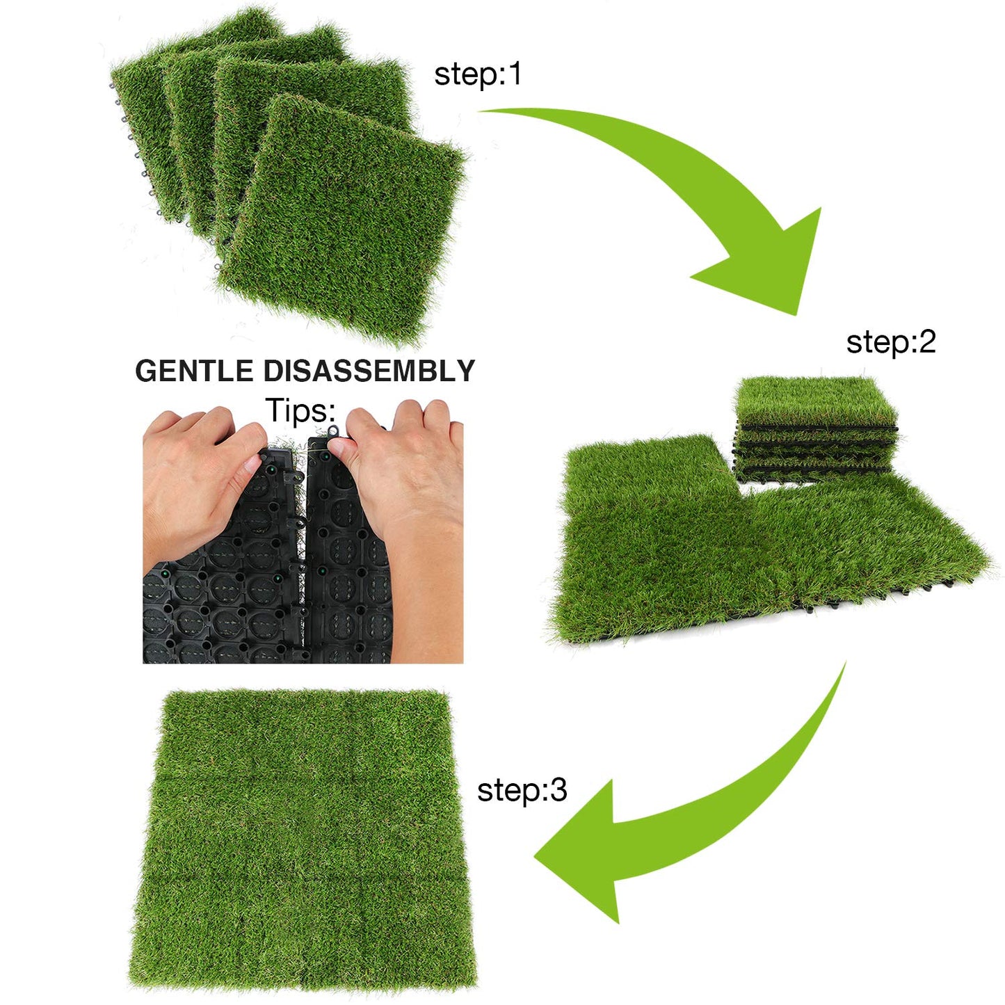 XLX TURF Artificial Grass Tiles Interlocking Turf Deck Set 9 Pack - 12"x12" Synthetic Fake Grass Self-draining Mat Flooring Decor Pad for Dog Pet Indoor Outdoor, 8 Buckle Systerm