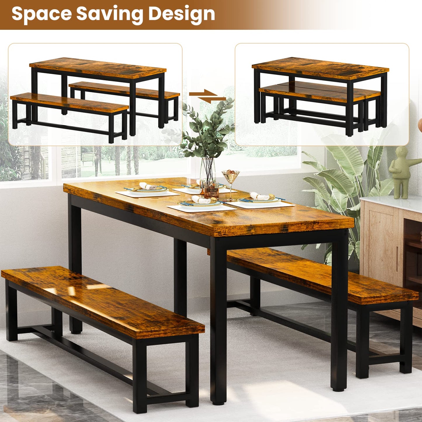 AWQM Dining Room Table Set, Kitchen Set with 2 Benches, Ideal for Home, and Room, Breakfast of 43.3x23.6x28.5 inches, Benches 38.5x11.8x17.5 Industrial Brown