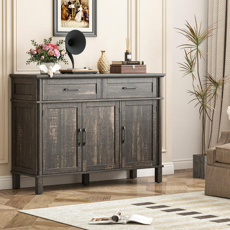 48 Inches Buffet Cabinet with Storage, Farmhouse Sideboard Buffet w/2 Drawers and 3 Doors, Wood Coffee Bar Cabinet with Adjustable Shelves, Sideboard Storage for Kitchen, Living Room, Rustic Brown ONBRILL