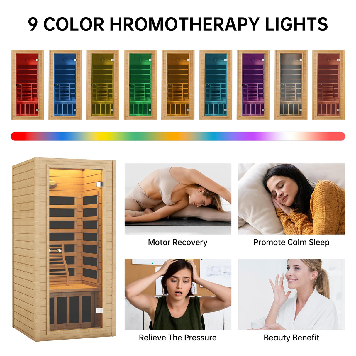springspa Far Infrared Sauna 1 Person Indoor Sauna Spa Room, Canadian Hemlock Wooden Infrared Saunas for Home with Low Emf Lighting, Bluetooth Speakers, LCD Control Panel, 9 Chromotherapy springspa