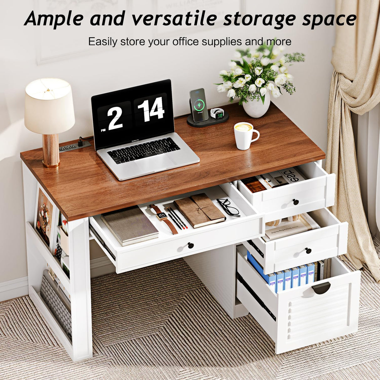 Ieejdn 47" Home Office Desks, Executive Desk, Farmhouse Computer Desk with Drawers and Charging Station, File Drawer, Storage Cabinet, Rustic Computer Writing Desk,Antique White Ieejdn