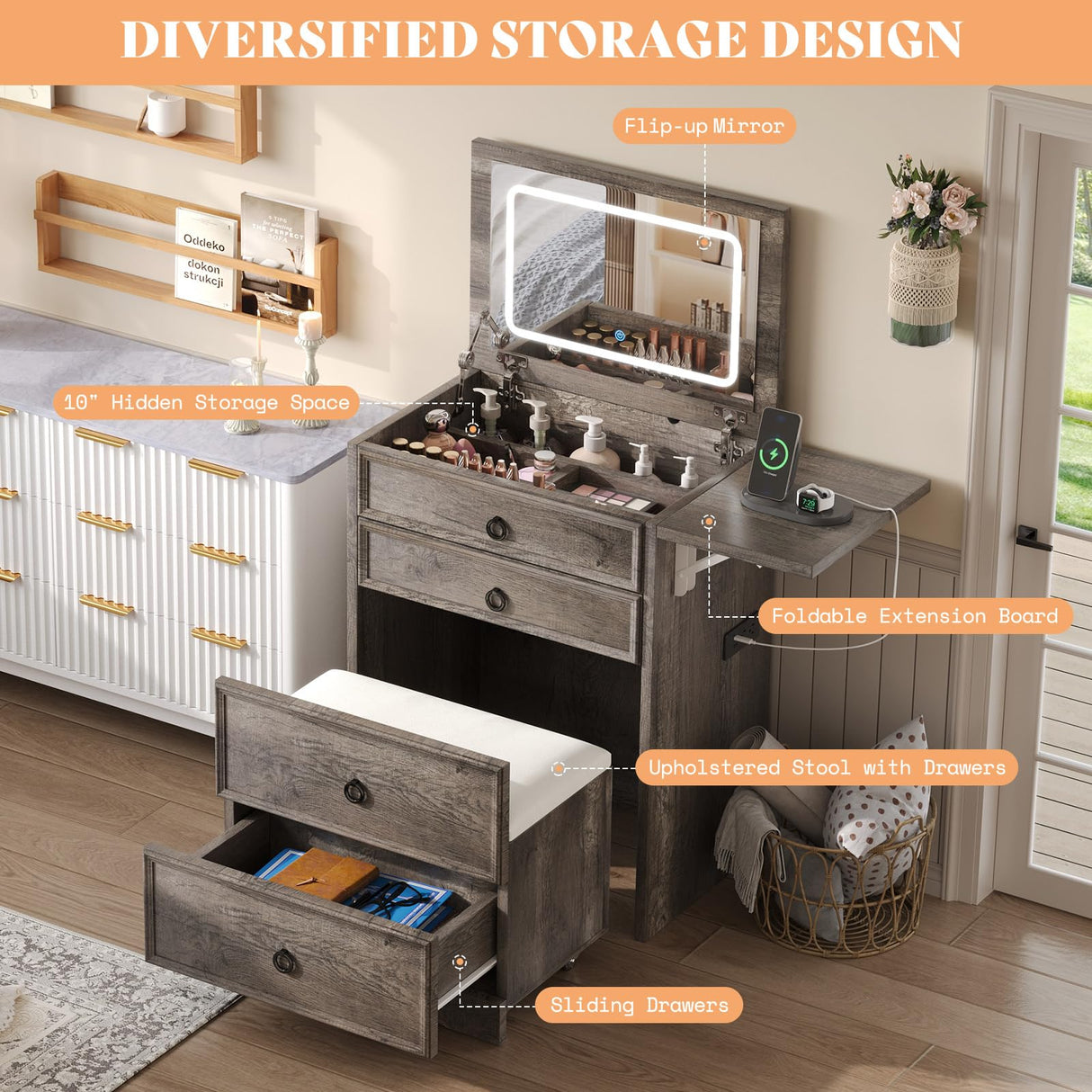 AMERLIFE 3-in-1 Makeup Vanity with Sliding Stool, Fold-up Panel, Divided Storage & Power Port, Farmhouse Makeup Table with Adjustable LED Light, for Small Space, Rustic Oak AMERLIFE