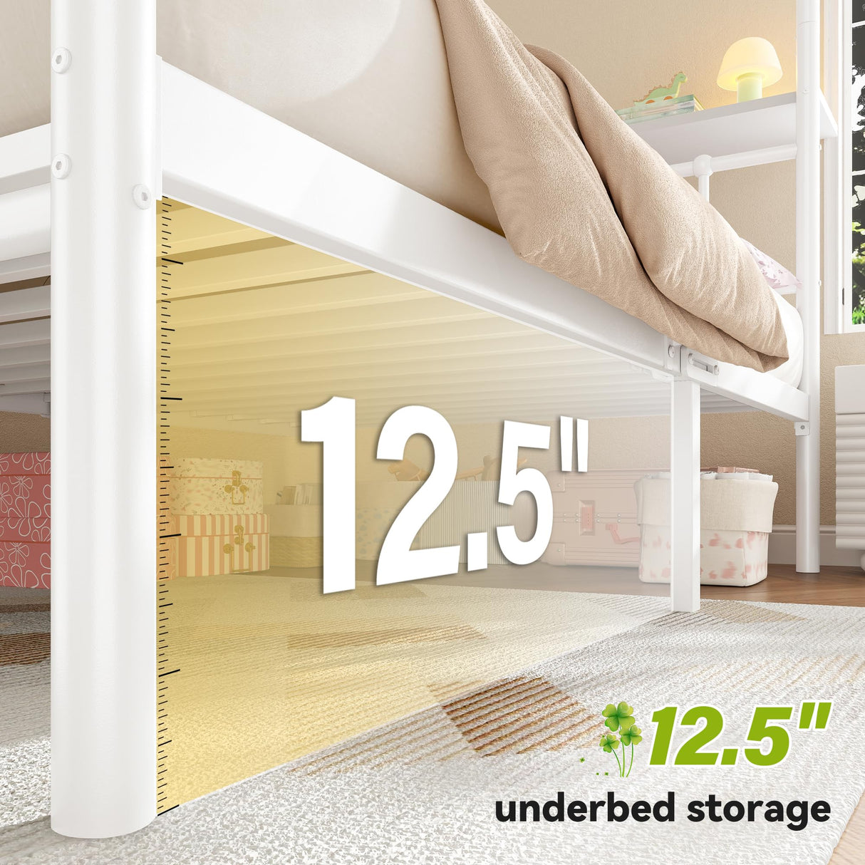 Homkdom Canopy Bed Frame with Storage Headboard, Twin Size Bed Frame with 4 Removable Posts, Sturdy Metal Platform with Under-Bed Storage, Dual Purpose Bed Frame, No Box Spring Needed, White Homkdom