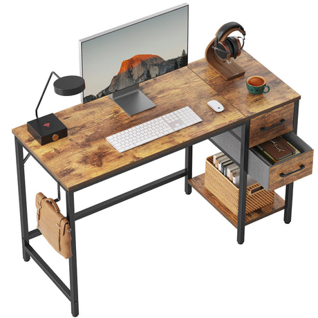 CubiCubi Computer Home Office Desk with 2 Drawers, 47 Inch Small Desk Study Writing Table, Modern Simple PC Desk, Rustic Brown CubiCubi