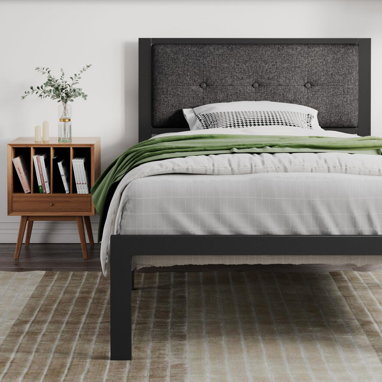 SHA CERLIN Twin Size Platform Bed Frame with Upholstered Headboard, Metal Slats Support, Button Tufted Square Stitched Headboard, Noise Free, No Box Spring Needed, Easy Assembly, Dark Grey SHA CERLIN