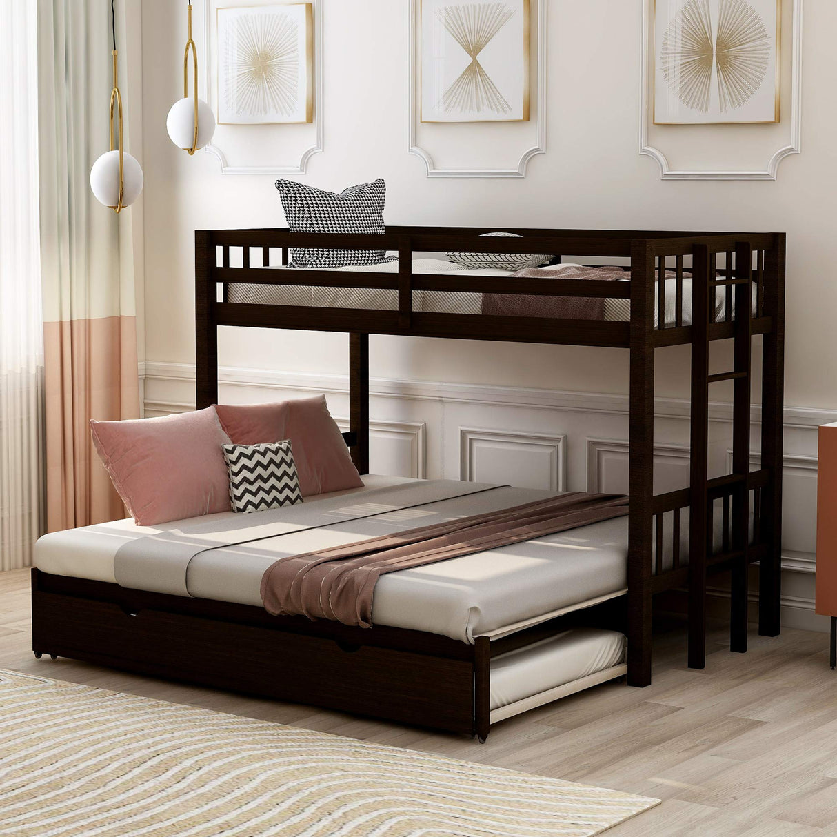 Flieks Twin Over Twin/King Bunk Beds with Trundle, Twin Over Pull-Out bunk Bed Accommodate 4 People for Kids, Adult, No Box Spring Needed Flieks