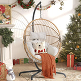 Patiorama Indoor Outdoor Egg Swing Chair with Stand, Oversized Cocoon-Shaped Rope Woven Hanging Chair, Cushion,Safety Strap,Patio Wicker Foldable Hammock Chair for Porch,Garden,Bedroom (Creamy White) Patiorama