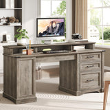 RALGEND 55'' Farmhouse Executive Desk with Drawers, Home Office Desk with File Cabinet and Storage Shelf, Charging Station, Computer Desk with Monitor Stand, Writing Gaming Desk, Greige RALGEND