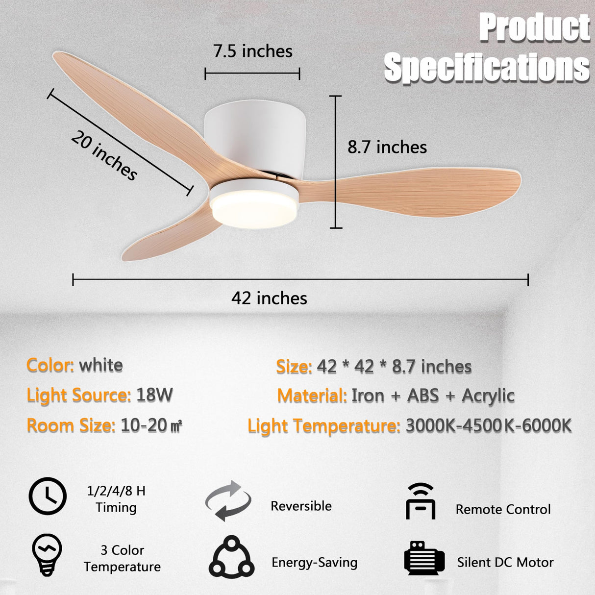 GESUM Ceiling Fan with Light, 42" Flush Mount Ceiling Fan Light with 3 Colors, 6 Speeds, Timing,Low Profile Ceiling Fan with Remote Control 3 Blades for Bedroom Dining Room (White Wood) GESUM