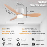 GESUM Ceiling Fan with Light, 42" Flush Mount Ceiling Fan Light with 3 Colors, 6 Speeds, Timing,Low Profile Ceiling Fan with Remote Control 3 Blades for Bedroom Dining Room (White Wood) GESUM