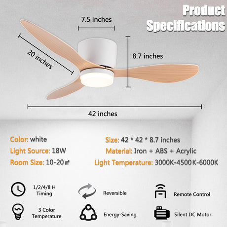 GESUM Ceiling Fan with Light, 42" Flush Mount Ceiling Fan Light with 3 Colors, 6 Speeds, Timing,Low Profile Ceiling Fan with Remote Control 3 Blades for Bedroom Dining Room (White Wood) GESUM