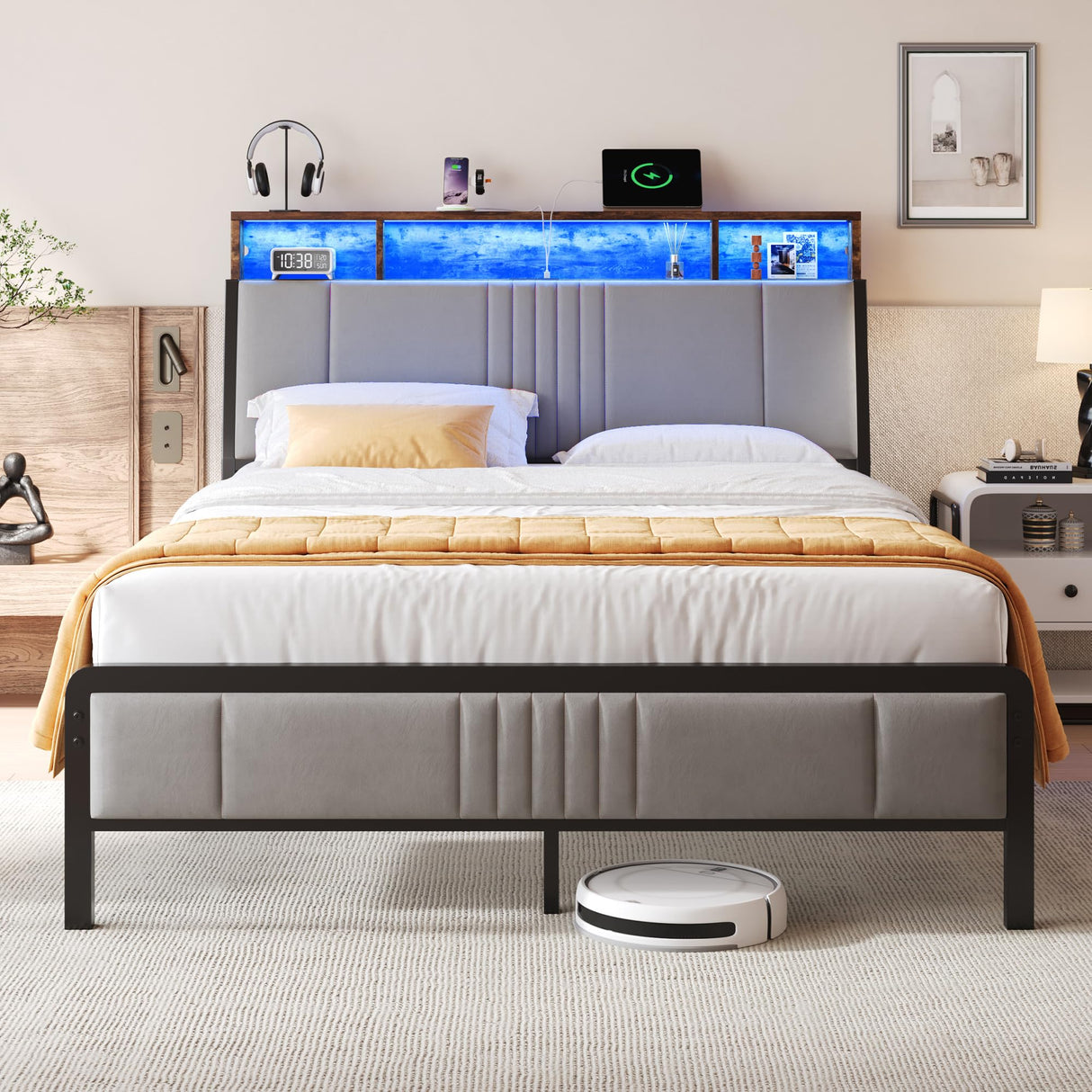 Queen Size Bed Frame with Ergonomic Storage Headboard, Solid Metal Platform Bed Frame with Charging Station and LED Light, Easy Assembly, No Box Spring Needed, Noise Free, Modern Grey Susalt