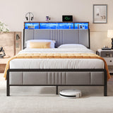 Queen Size Bed Frame with Ergonomic Storage Headboard, Solid Metal Platform Bed Frame with Charging Station and LED Light, Easy Assembly, No Box Spring Needed, Noise Free, Modern Grey Susalt