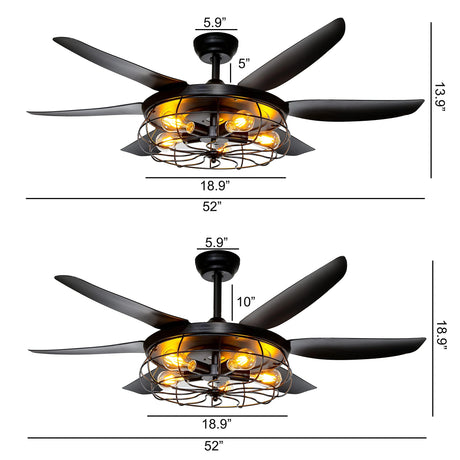 Ohniyou Ceiling Fans with Lights and Remote - 52 Inch Farmhouse Ceiling Fan with Caged Light Fixture - Black Industrial Outdoor Ceiling Fan Lights for Patio, Living Room, Kitchen & Bedroom Ohniyou