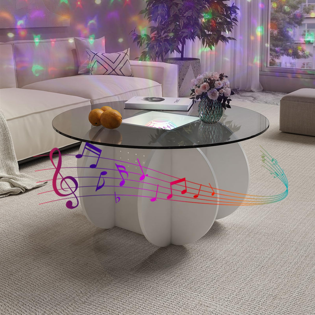 HedoAjim Round LED Coffee Table with Glass Top,Center Table with Storage for Living Room,Small Spaces, Office, and Lounge,32" White and Grey Glass Coffee Table with Smart Music Lamp HedoAjim