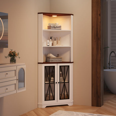 IRONCK 67" Tall Corner Bookcase with Magnetic Glass Doors,Wooden Corner Bookshelf with LED, Storage Cabinet for Home Office Living Room IRONCK