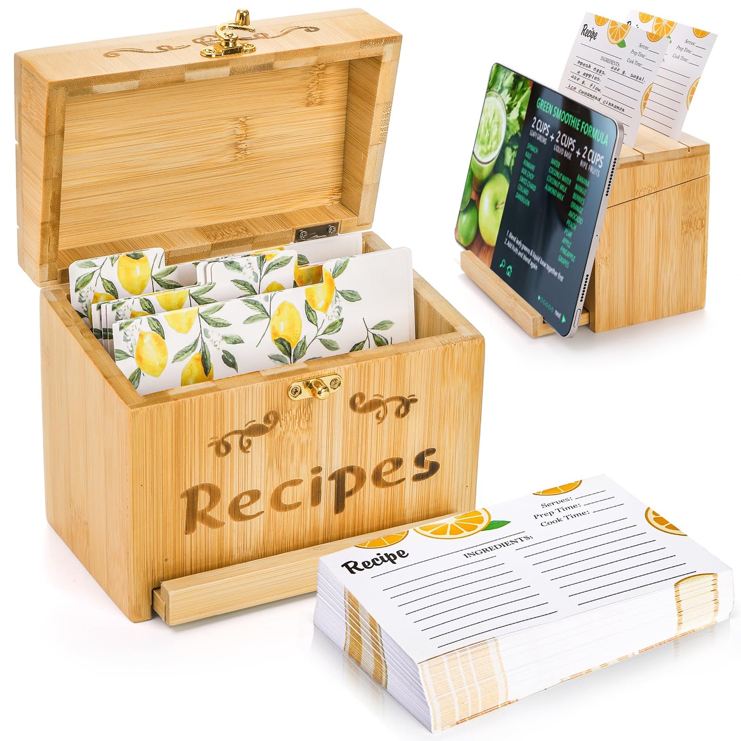 Youeon Bamboo Recipe Box with Cards and Dividers and Pull out Phone Holder, 7 x 4.2 x 5.8 in Kitchen Recipe Card Organizer with 100 Recipe Cards 4"x6", Rustic Recipe Holder, Kitchen Gift - WoodArtSupply