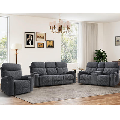 HAOMARKETS 3-Piece Power Recliner Sofa Set with Charging Port, Include Single Recliner Chair, 2-Seater Loveseat Reclining Couch and 3-Seater Reclining Sofa with Cup Holders for Living Room, Dark Grey