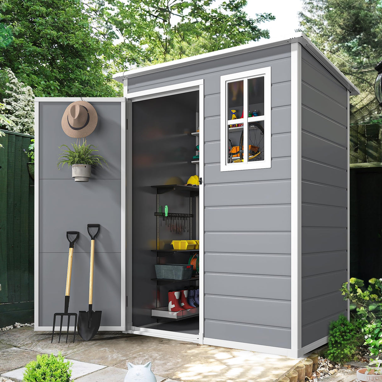 DWVO 5x3ft Resin Outdoor Storage Shed with Floor, Waterproof Lockable Storage Shed with Window, Plastic Outside Tool Storage for Garden, Backyard, Patio, Lawn, Gray DWVO