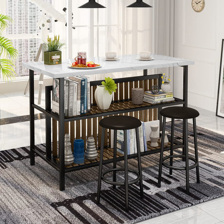Lamerge Industrial 3-Piece Marble Bar Table Set with Storage Shelves and Stools in White Lamerge