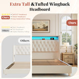 Jocisland King Size Bed Frame 53.6'' Tall Storage Headboard with LED Lights & Charging Station, Velvet Upholstered Button Tufted Wingback Platform Beds, No Box Spring Needed, USB Ports, Cream Jocisland