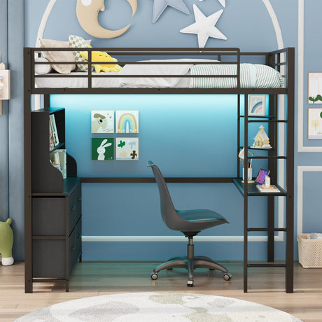 Loft Bed with Desk, Metal Loft Bed with LED Lights, Twin Size 4 Large Fabric Drawers and Open Shelves, Power Outlets, Safety Guardrails & Ladder, Space Saving, Black SLEKVERSA