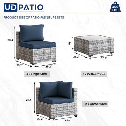 UDPATIO Patio Furniture Sets, Modular Rattan Outdoor Patio Sectional Furniture Sofa Set, Wicker Patio Conversation Set for Backyard, Deck w/Coffee Table, 7PC Grey/Blue (Include Sofa Cover)