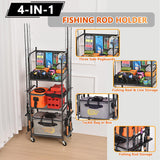 Lezbanz Heavy Duty Fishing Rod Rack with Pegboard & Hooks, Fishing Organizer for Garage Holds Up to 10 Rods, 3-Tier Fishing Gear Holder for Garage with Movable Wheels Lezbanz