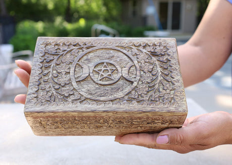 DharmaObjects Triple Moon Hand Carved Jewelry Trinket Keepsake Wooden Storage Box (Triple Moon, Large) DharmaObjects