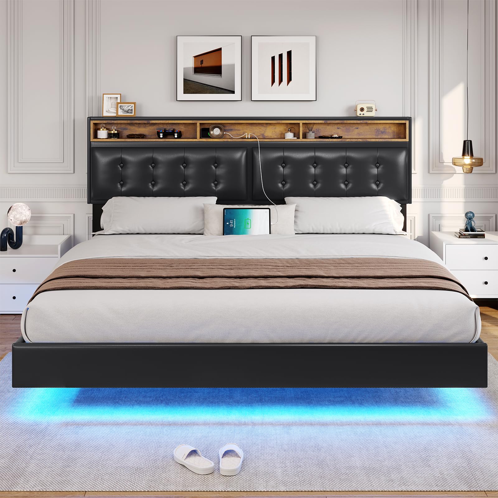 DICTAC King Size Floating Bed Frame with LED Lights and Tufted Faux Leather Headboard - Modern Storage Solution in Black - WoodArtSupply