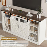 Hlivelood 66" Farmhouse TV Stand with Power Outlets for 75 65 Inch TVs, Entertainment Center with Sliding Barn Door & Large Storage Cabinets w/Adjustable Shelf, 33" Tall TV Media Console, Rustic White Hlivelood
