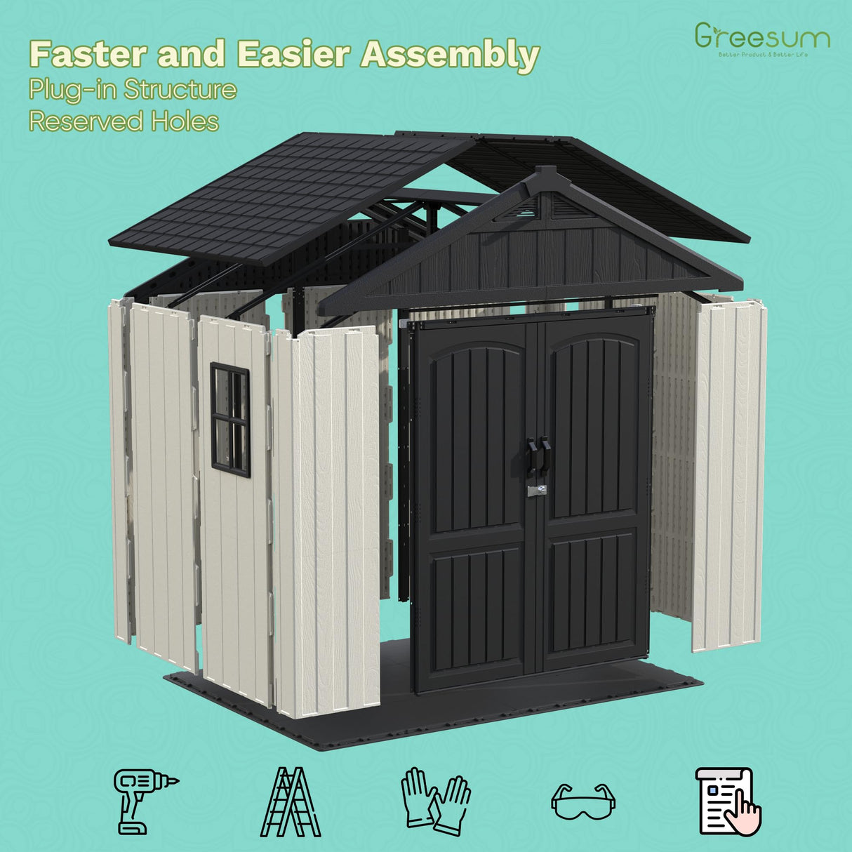 Greesum 8×6 FT Plastic Outdoor Storage Shed with Floor, Resin Sheds with Window and Lockable Door, Weather Resistant Organization for Garden, Lawn, Pool Supplies, Beige Greesum