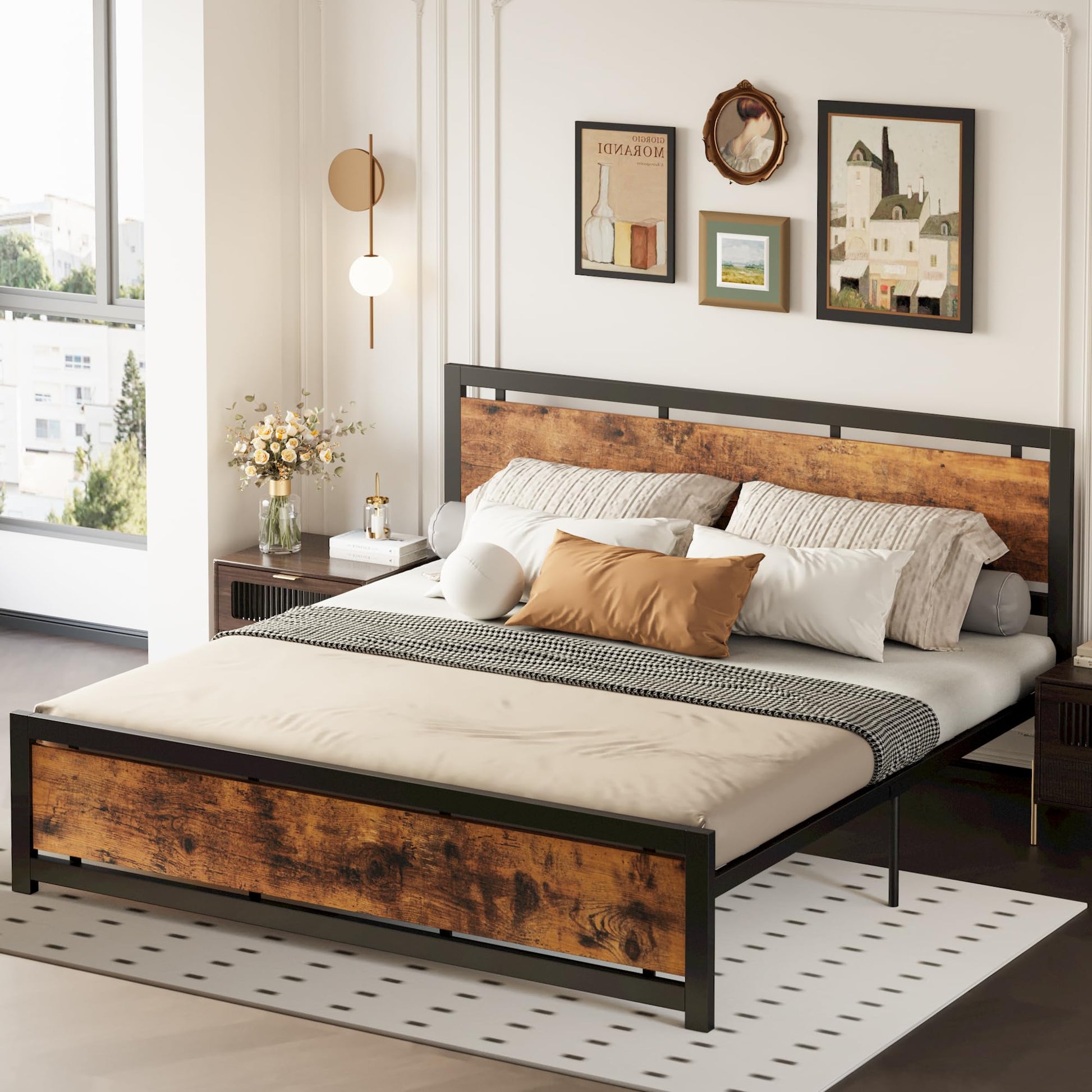 LIKIMIO Industrial King Bed Frame with Vintage Wood Headboard and 12 Strong Metal Legs - Easy Assembly, No Box Spring Needed - WoodArtSupply