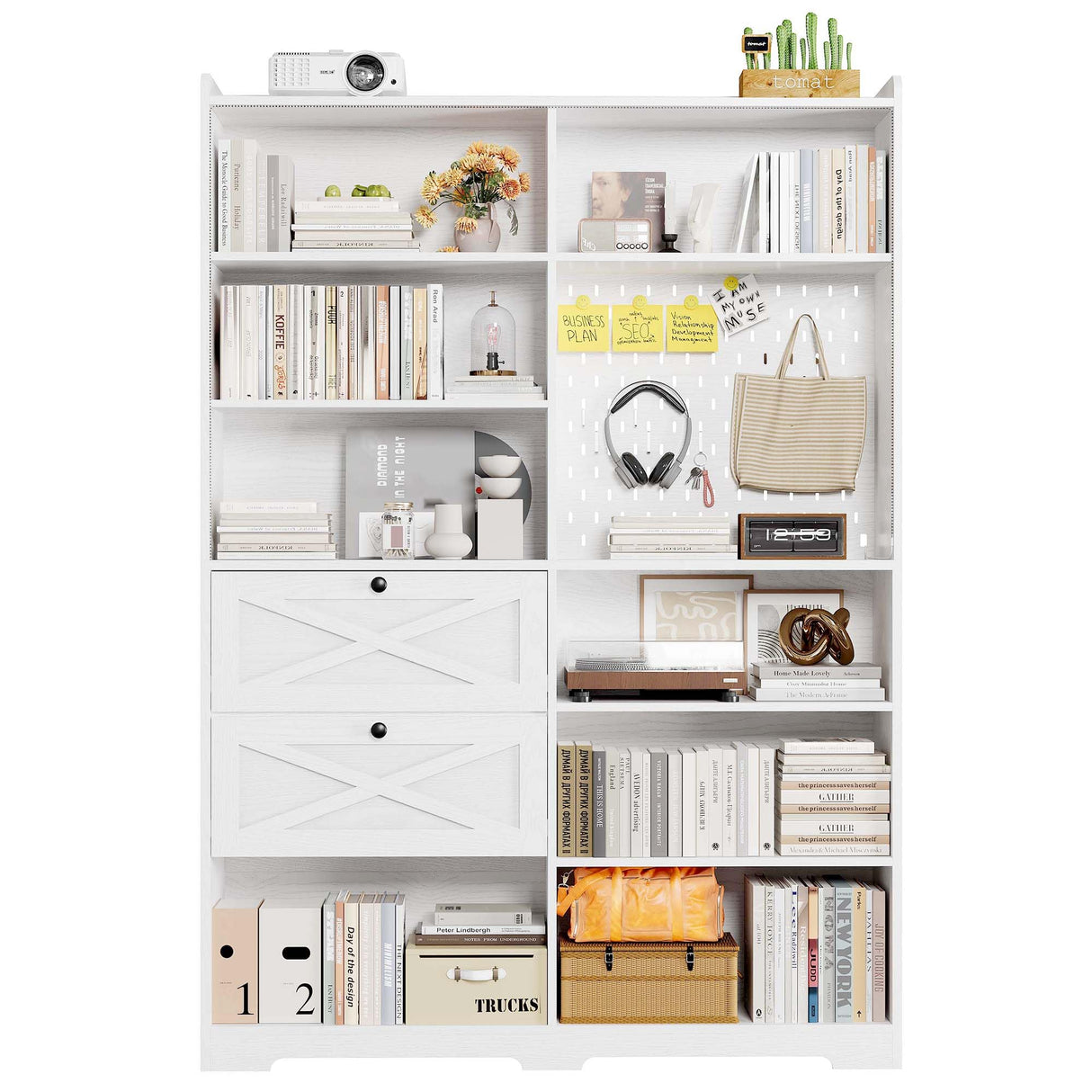 ANCTOR Book Shelf with Light and Drawers, 55" W x 79" H, 7-Tier Double Wide Bookshelf with Pegboard, Freestanding Deep Bookcase for Living Room, White ANCTOR