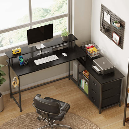 Seventable L Shaped Computer Desk with Drawers, Reversible Gaming Desk with LED Lights & Charging Port, Corner Desk with Storage Shelves & Monitor Stand for Home Office Black - WoodArtSupply