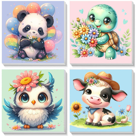 4 Pack Animal Paint by Number for Kids with Wooden Frame, Paint by Numbers for Kids Animals Ages 4-8-12, Easy Panda Sea Turtle Owl Cow DIY Acrylic Oil Painting Kits for Home Wall Decor (8X8 inch) xackcme