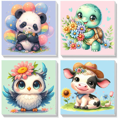 4 Pack Animal Paint by Number for Kids with Wooden Frame, Paint by Numbers for Kids Animals Ages 4-8-12, Easy Panda Sea Turtle Owl Cow DIY Acrylic Oil Painting Kits for Home Wall Decor (8X8 inch)