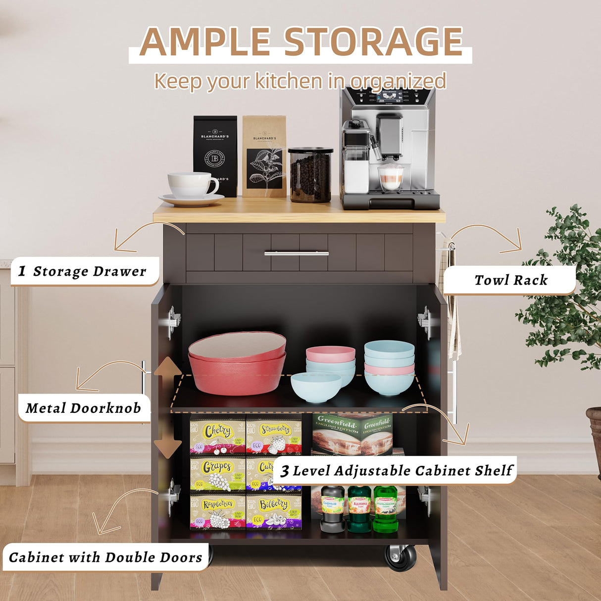 Shintenchi Kitchen Island Cart with Storage,Rolling Kitchen Island Side Table on Wheels with Large Worktop,Storage Cabinet,Towel Rack and Drawers for Kitchen,Dinning Room, Brown Shintenchi