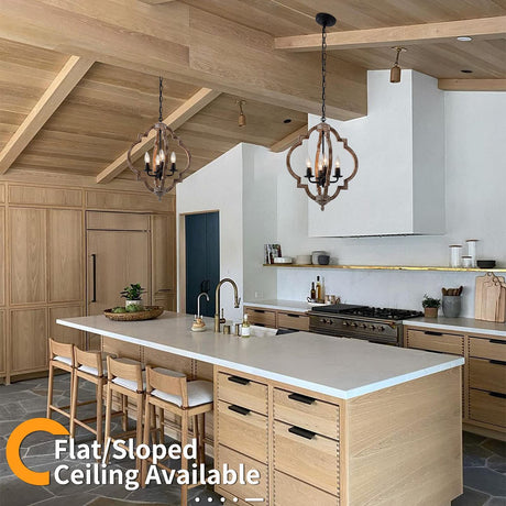 16.14" 4-Light Farmhouse Wood Chandelier, Rustic Orb Pendant Lighting Fixture with Adjustable Chain, Vintage Ceiling Hanging Lights for Foyer Entryway Dining Room Kitchen Island, Handmade Oak Finish Neechicx