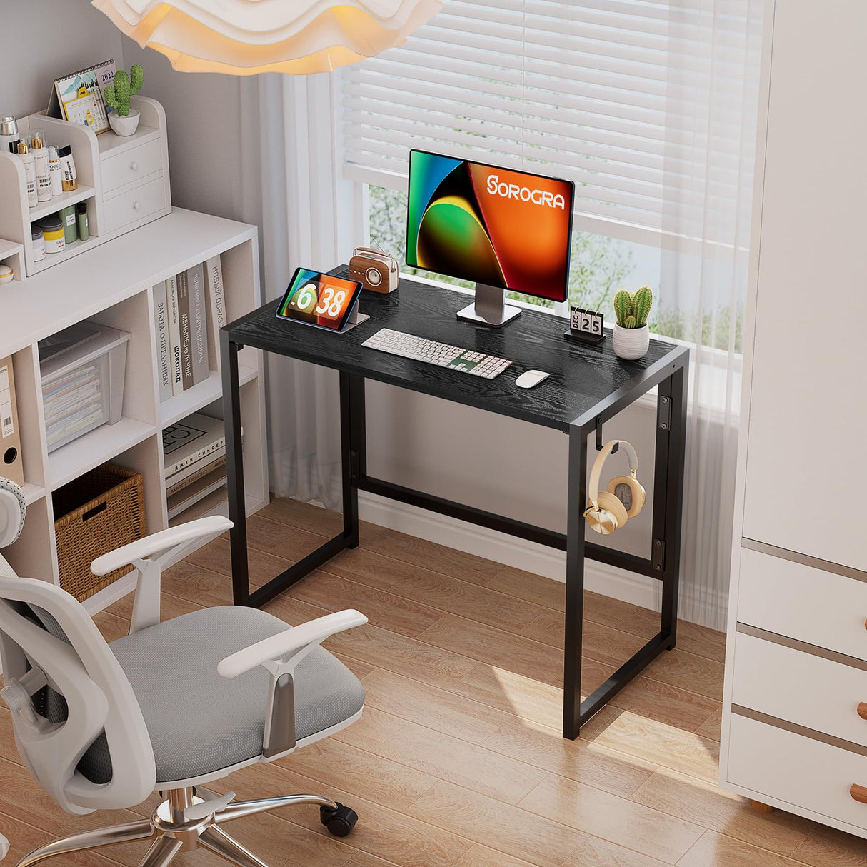 SOROGRA Small Folding Desk 31.5 Inch, Foldable Computer Desks with LED Lights and Monitor Stand, Work Portable Table for Bedroom Home Office, Black SOROGRA