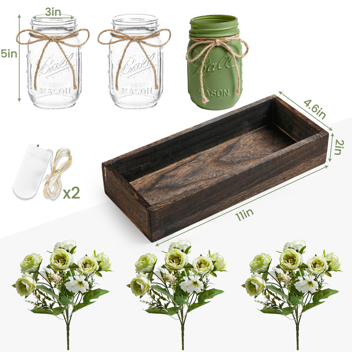 DUOER 3 Pcs Mason Jar Centerpiece Table Decorations for Dining Farmhouse Coffee Table Decor with Wood Tray and Led Light Table Centerpieces for Dining room Kitchen Living Bathroom,Green DUOER