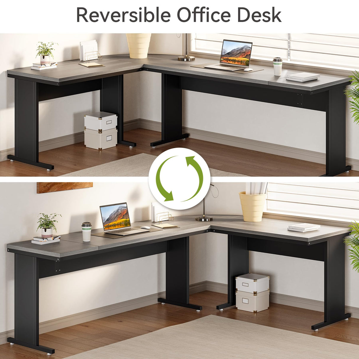 LITTLE TREE 82.67" Long Executive Desk with Drawers, Large L-Shaped Office Desk with Mobile File Cabinet, Farmhouse Computer Office Furniture Work Desk with Storage for Home Office, Gray LITTLE TREE