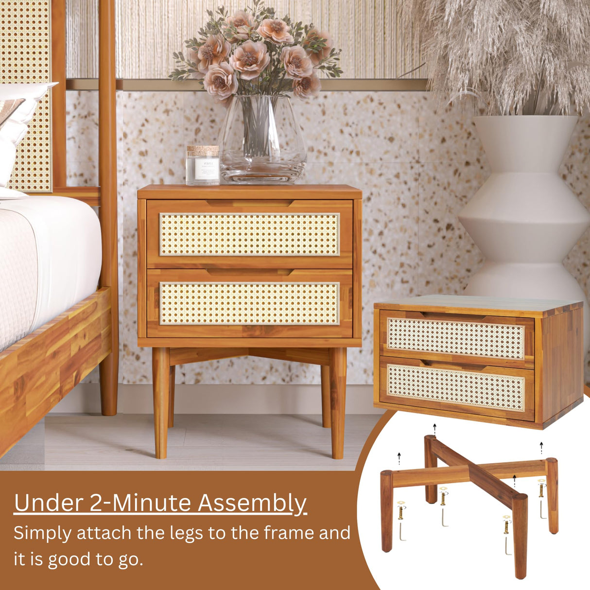 Bme Oliver Solid Wood Rattan Nightstand/Side End Table, Fully Assembled, for Bohemian & Mid Century Style Bedroom and Living Room, 2-Drawer, Caramel Bme