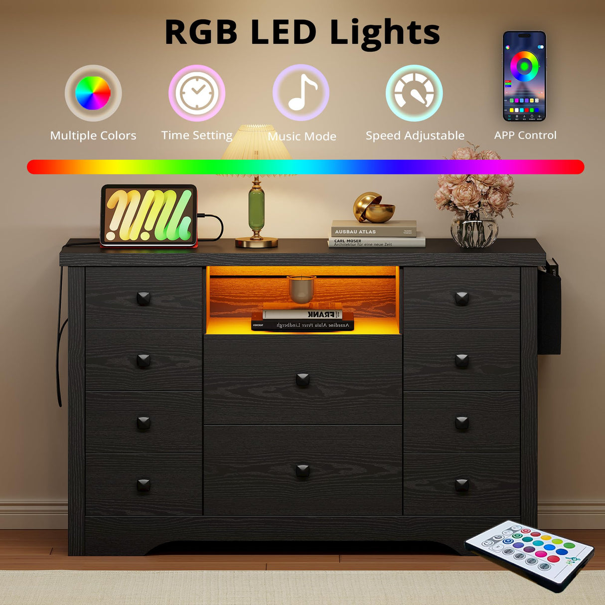 LIKIMIO Dresser with 10 Drawers, Bedroom Wooden Chest of Drawers with LED Lights and Power Outlets, Fabric Side Pocket, TV Stand for Living Room, Black LIKIMIO